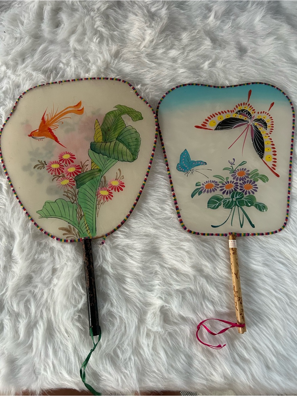 Hand-Painted Vintage Asian Silk Fans - Floral & Butterfly Motifs